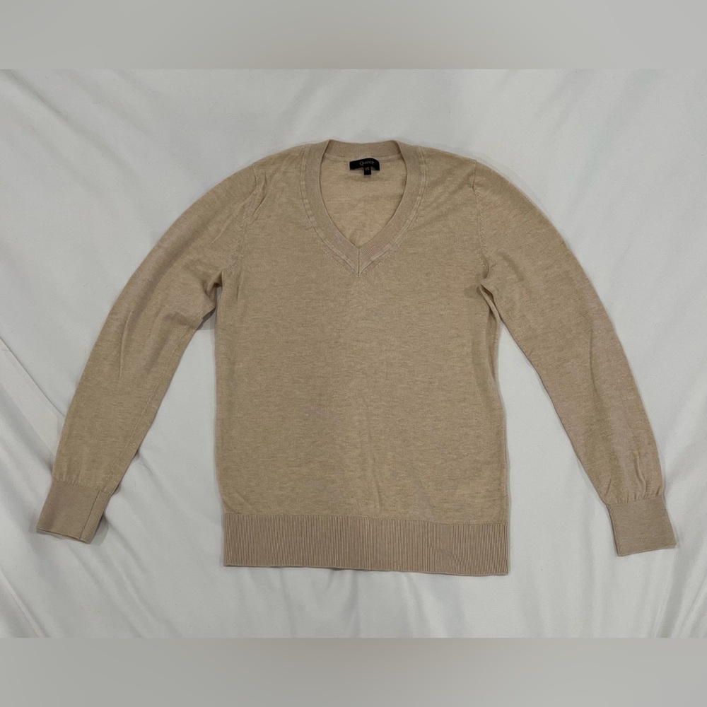 EUC quince lightweight cotton cashmere v neck sweater heather oatmeal beige XS